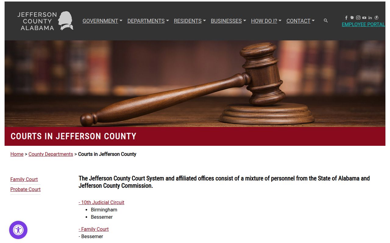 Jefferson County Courts website showing court information for Birmingham area