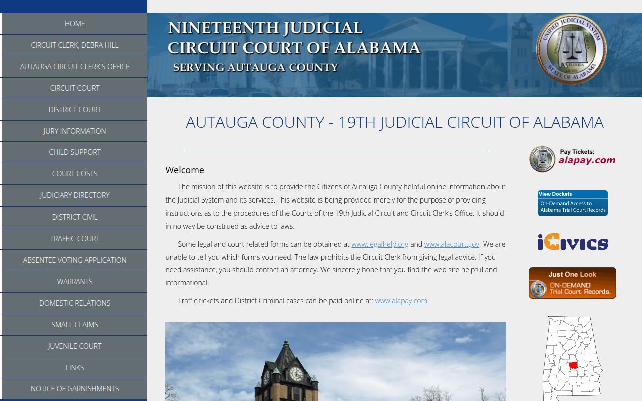 Autauga County Circuit Court website showing case search options