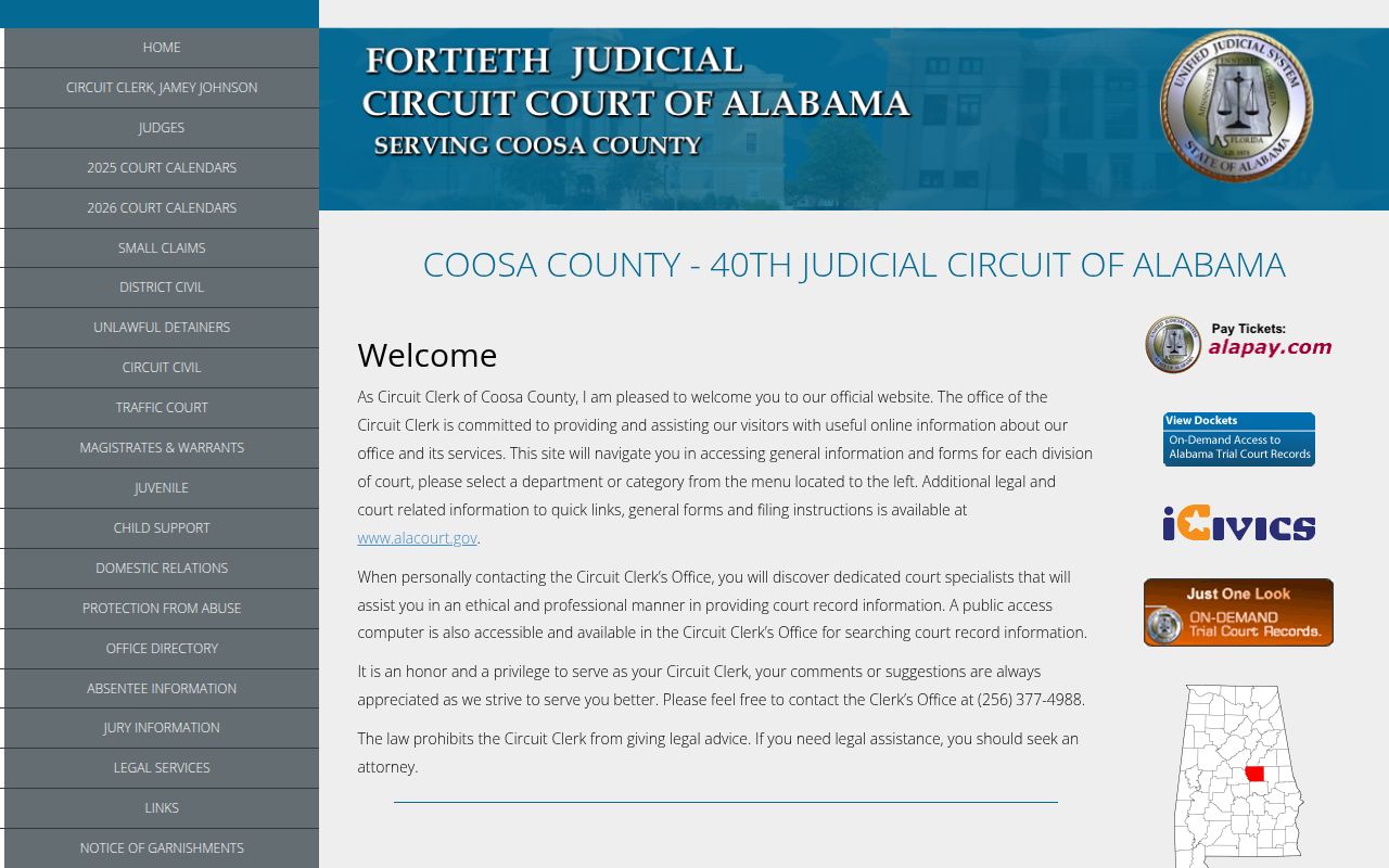 Coosa County Circuit Court information page