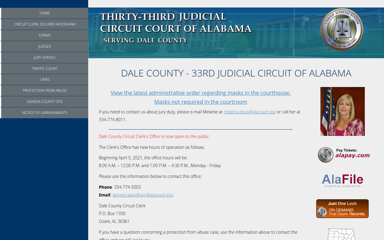 Dale County Circuit Clerk page on Alacourt