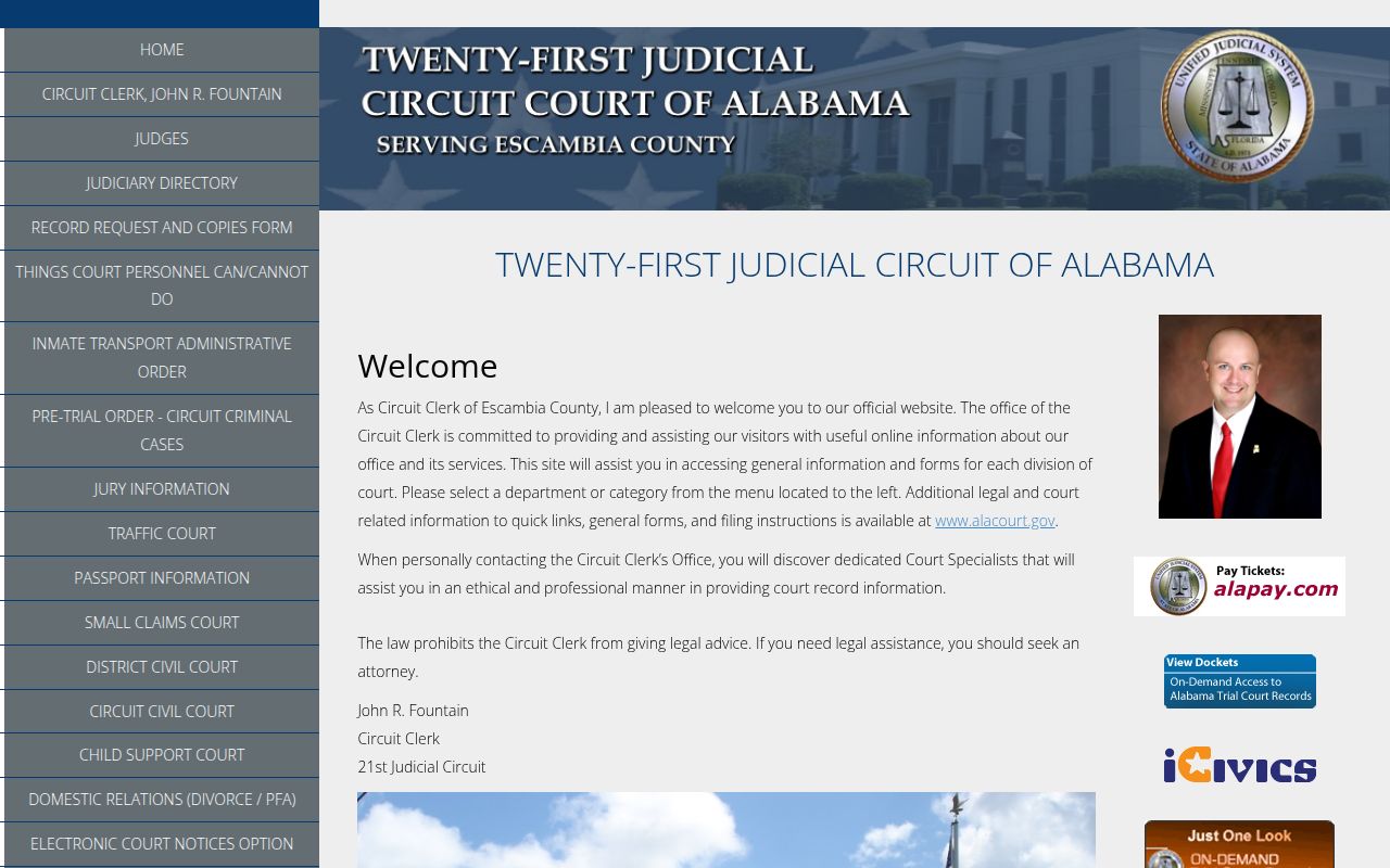 Escambia County Circuit Clerk page on Alacourt