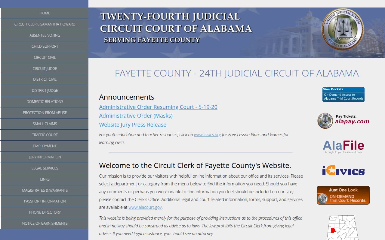 Fayette County Circuit Clerk Alacourt page