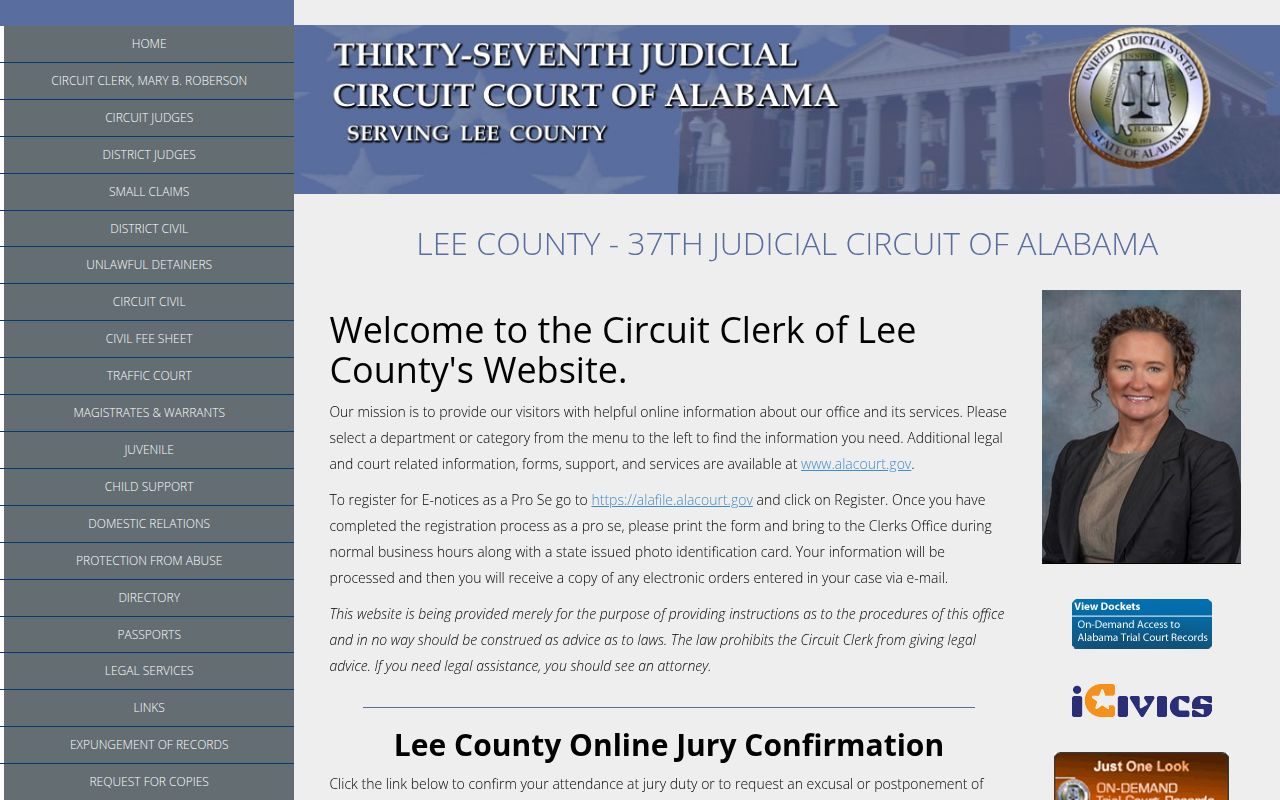 Lee County Circuit Court website showing court services