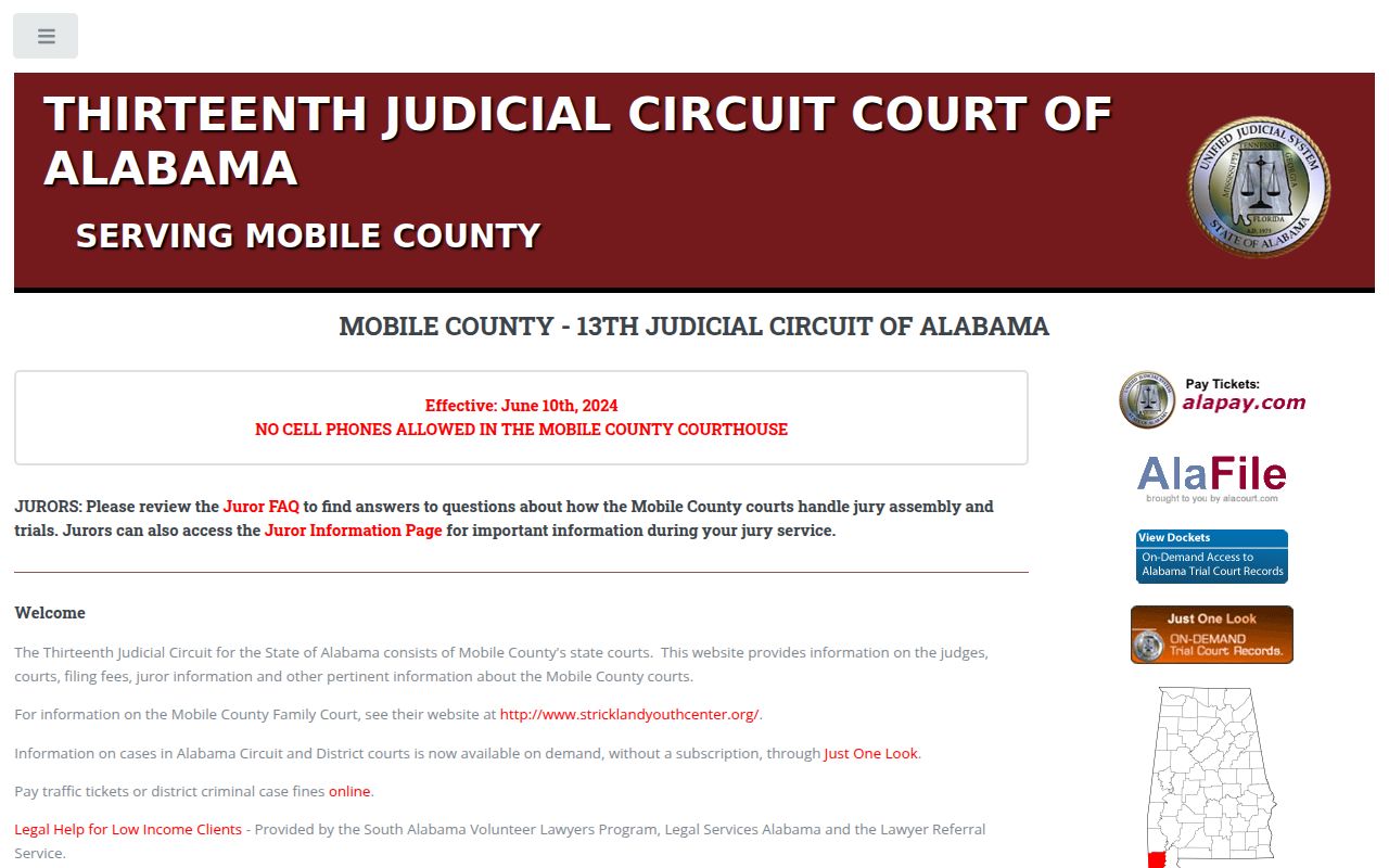Mobile County Circuit Court website showing court record search options