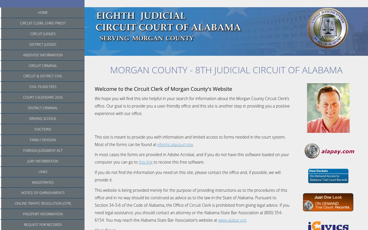 Morgan County Circuit Court website showing court services