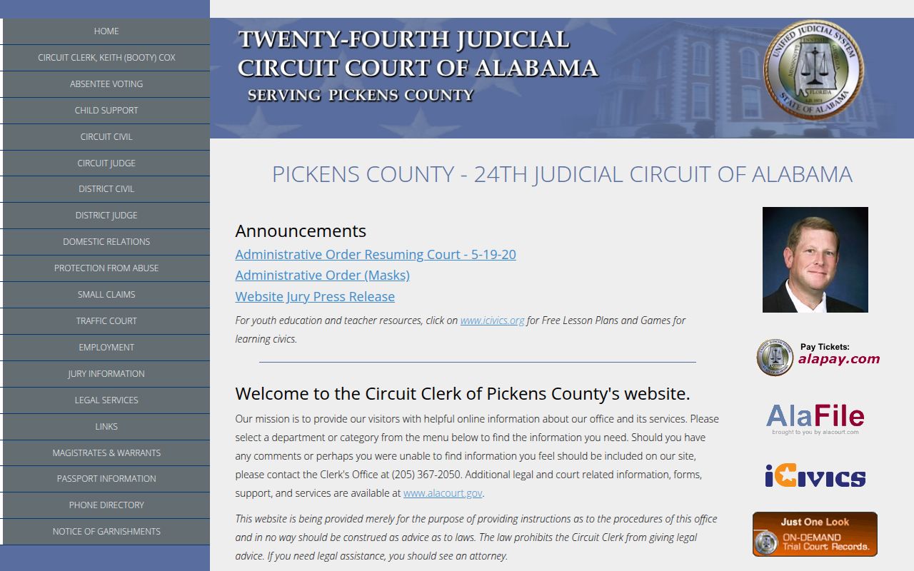 Pickens County Circuit Court website screenshot