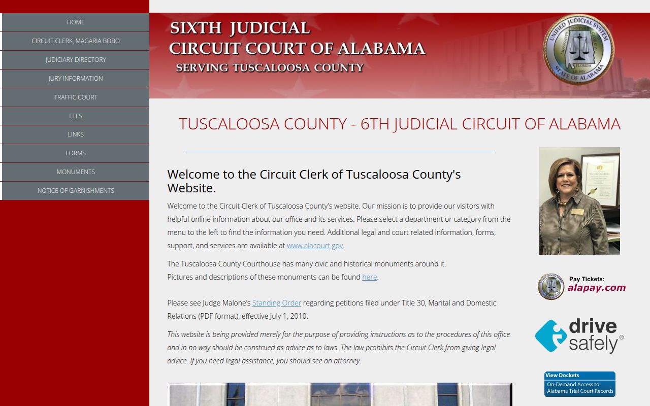 Tuscaloosa County Circuit Court website showing court services information